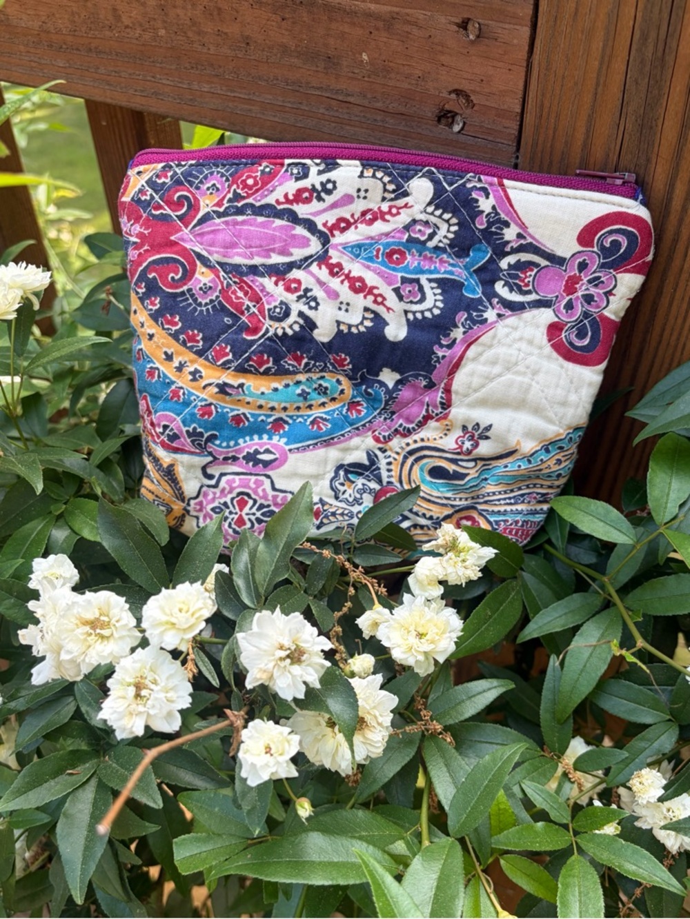 Handmade Colorful Paisley Quilted Zip Pouch - Pink Navy Turquoise
